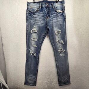 DOPE Jeans Mens 36 Long 33.5 Blue Distressed Ripped Denim Grunge Goth Streetwear